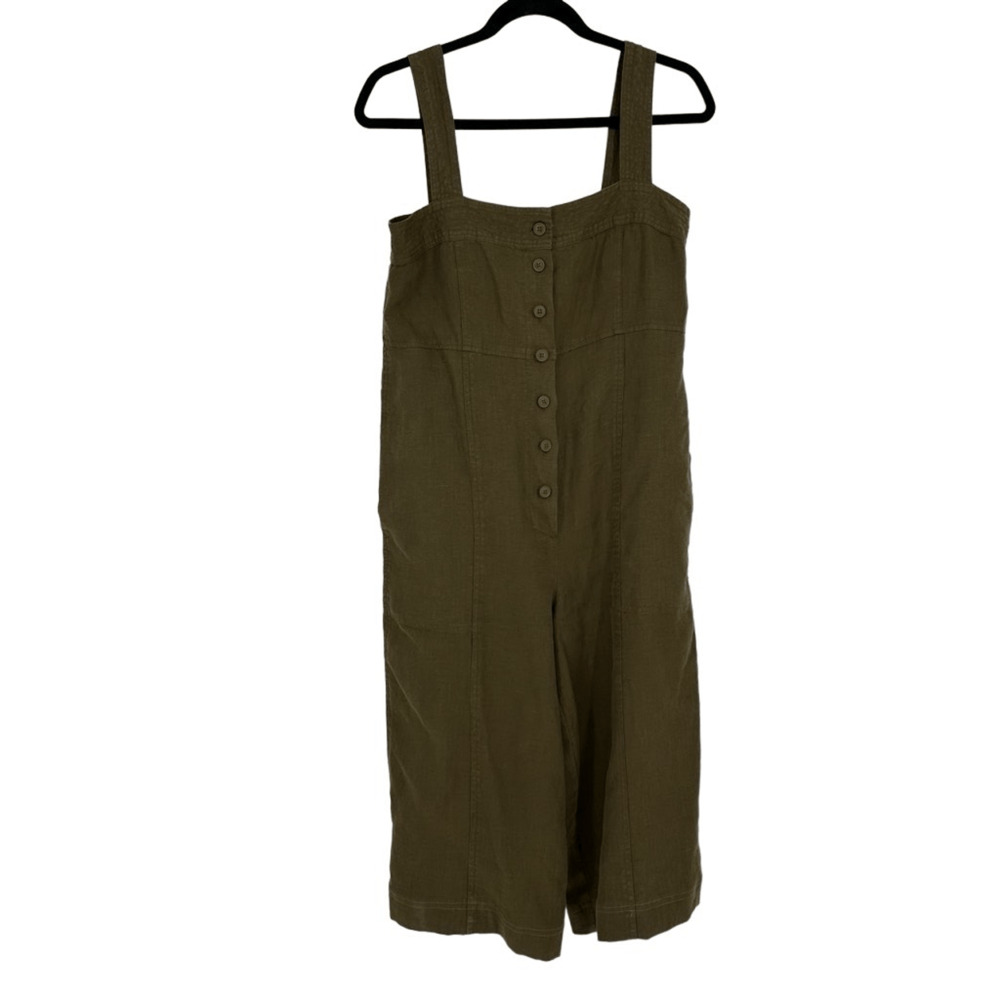 WRAP London Linen Jumpsuit Overall Wide Leg Crop Size 4 Rustic Green Lagenlook